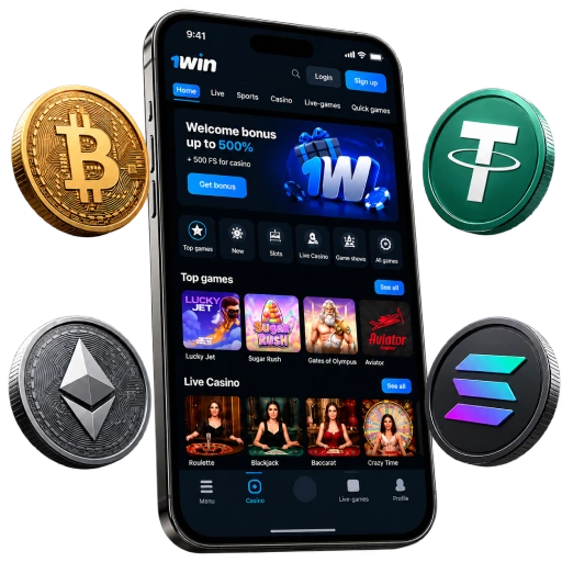 1Win crypto casino on a smartphone with Bitcoin, Ethereum, Tether and Solana payment coins.