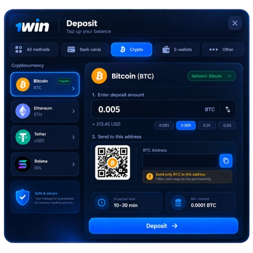 1Win cryptocurrency deposit window with Bitcoin, Ethereum, Tether and Solana payment options.