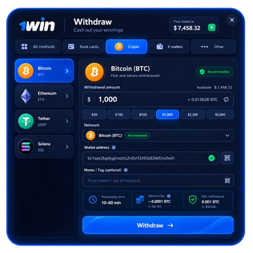 1Win cryptocurrency withdrawal window for cashing out winnings with Bitcoin, Ethereum, Tether and Solana.